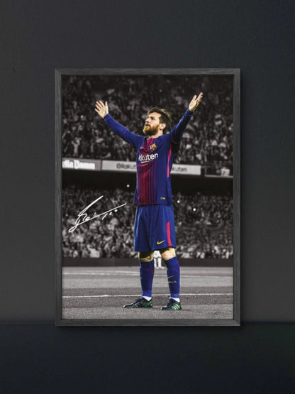 Messi Barca Both Arms Raised Poster — Soccer Wall Art Print