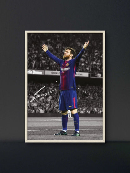 Messi Barca Both Arms Raised Poster — Soccer Wall Art Print