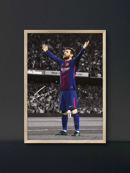Messi Barca Both Arms Raised Poster — Soccer Wall Art Print